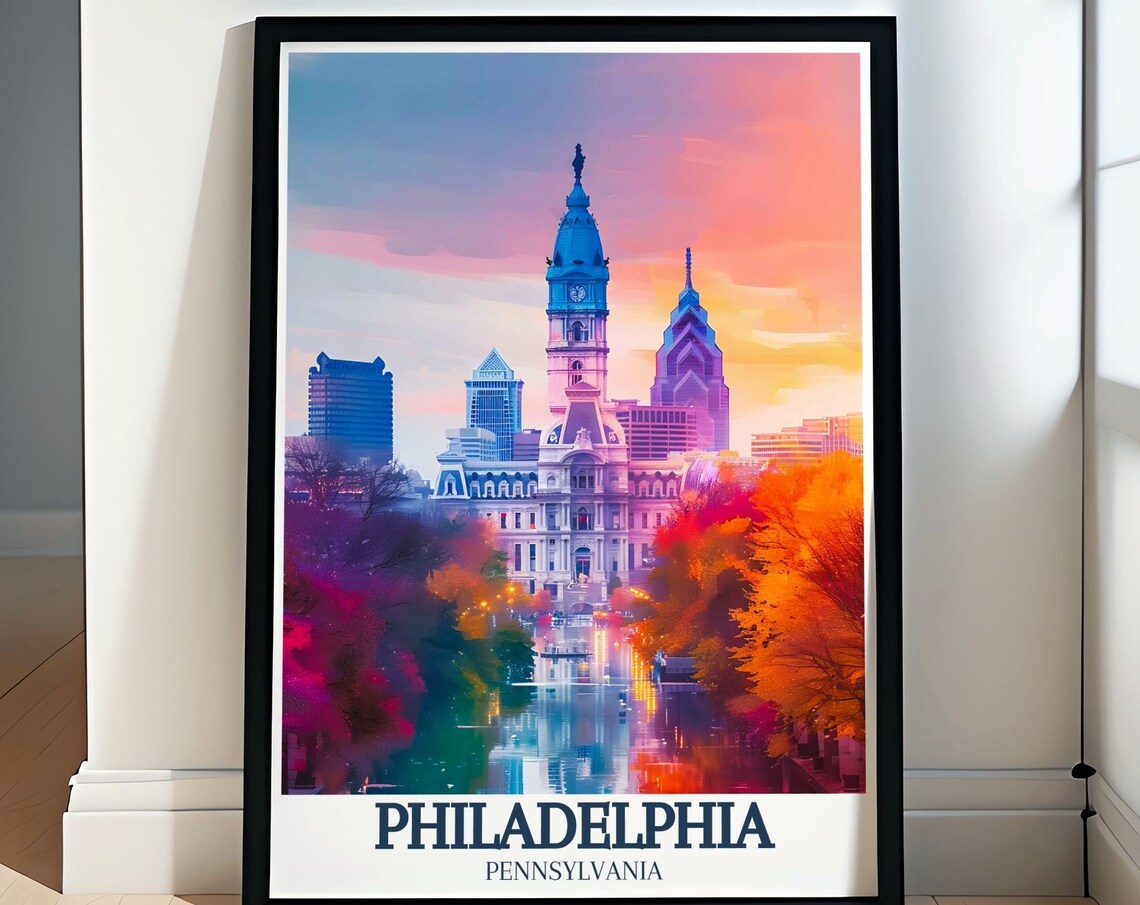 Philadelphia Pennsylvania Sunset City Hall Skyline Travel Poster