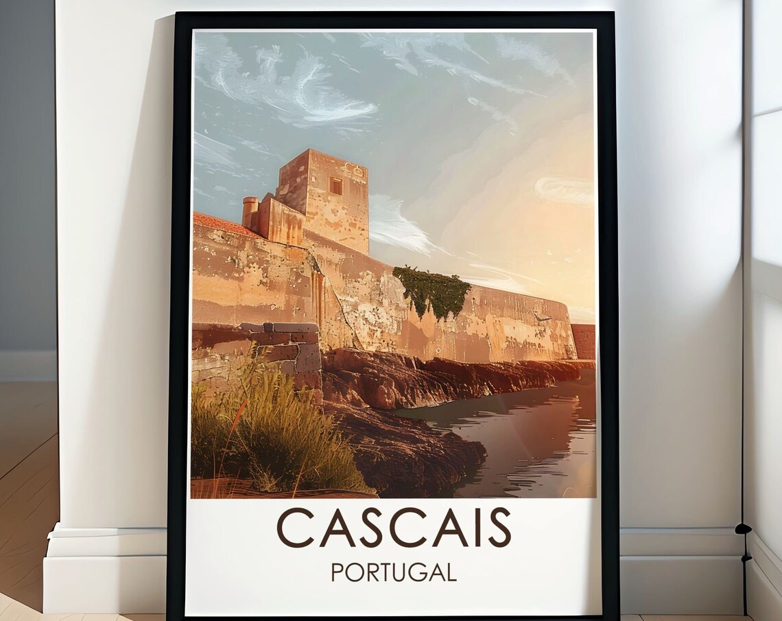 Cascais Portugal Historic Coastal Fortress Sunset Travel Poster