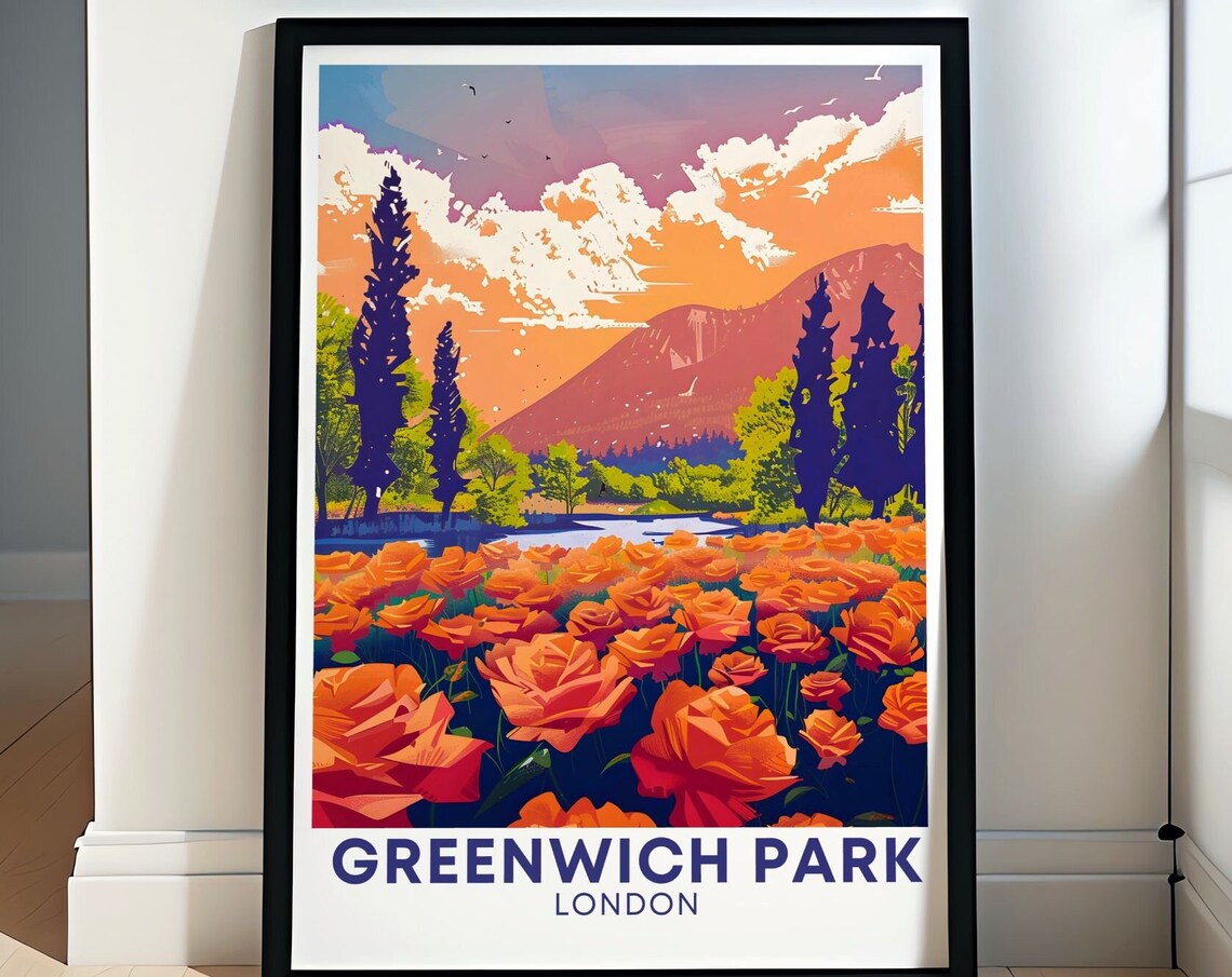 Greenwich Park London Rose Garden Sunset Flower Travel Poster
