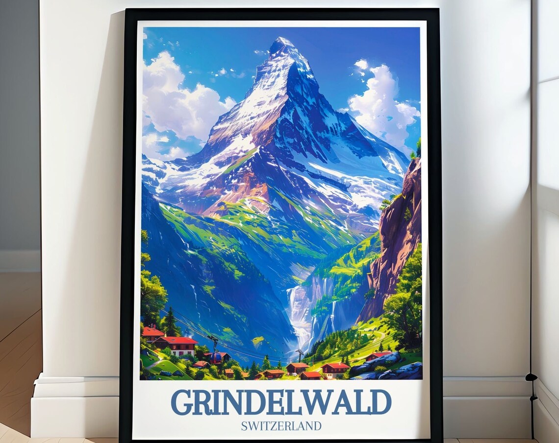 Grindelwald Village Cable Car Alpine Peaks Switzerland Travel Poster
