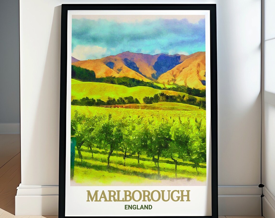 Marlborough Vineyard Hills Watercolor Scenic England Travel Poster