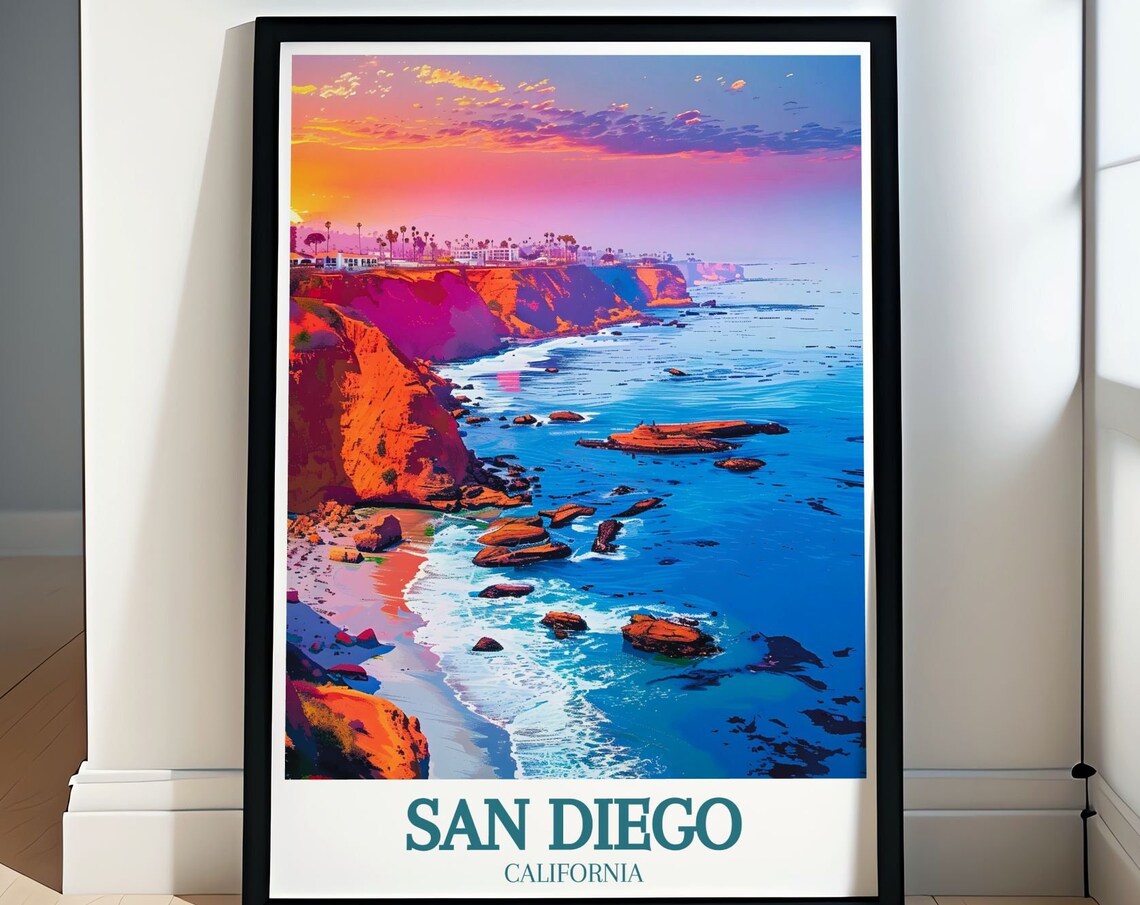 San Diego California Rocky Coastline Sunset Travel Scene Poster