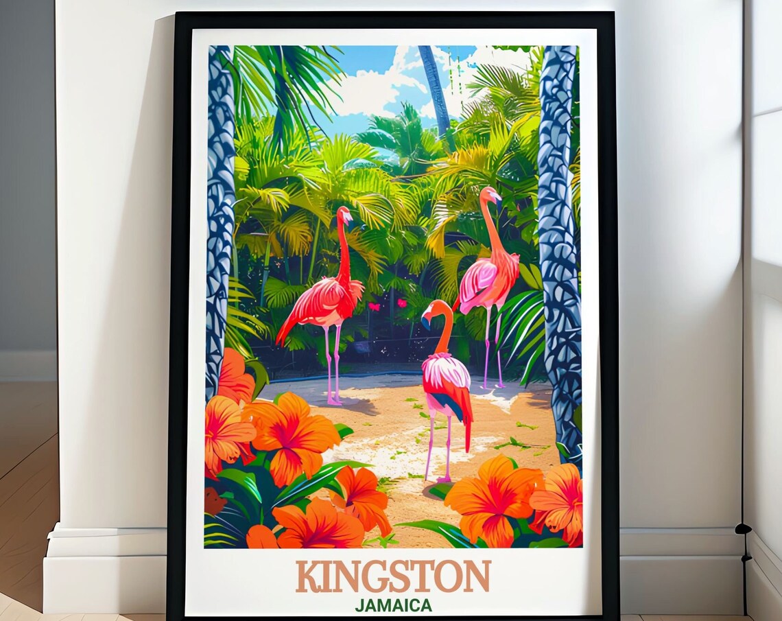 Kingston Jamaica Flamingos Tropical Zoo Garden Wildlife Poster