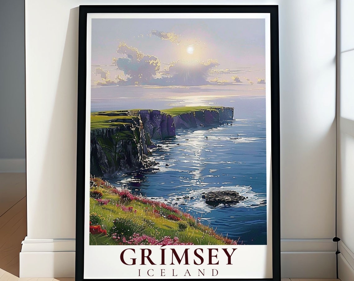 Grimsey Iceland Green Coastal Cliffs Poster with Ocean Waves