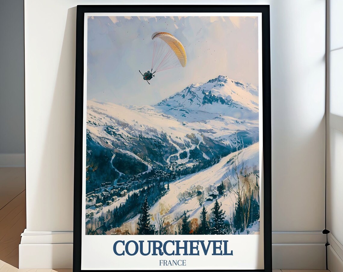 Courchevel France Paraglider Soaring Over Snowy Slopes Travel Poster