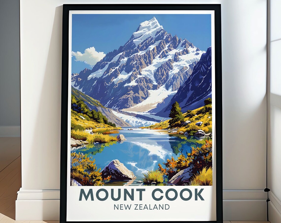 Mount Cook Alpine Lake Mirror Reflection New Zealand Travel Poster