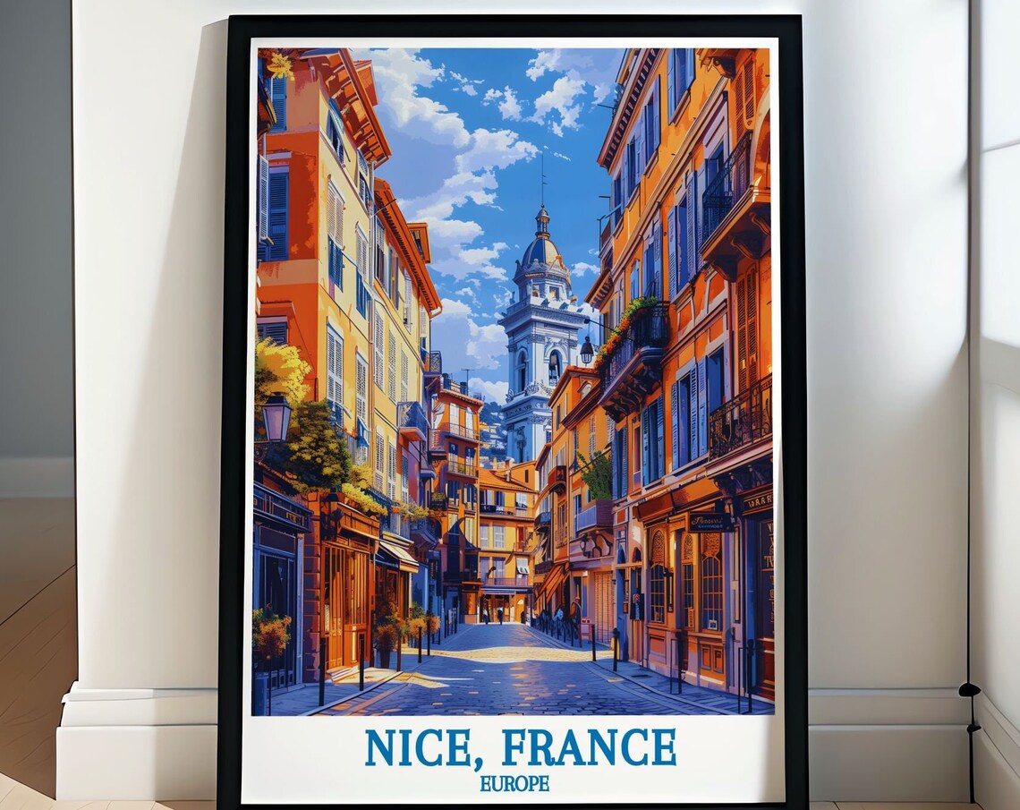 Nice France Old Town Street With Golden Facades Clock Tower Poster