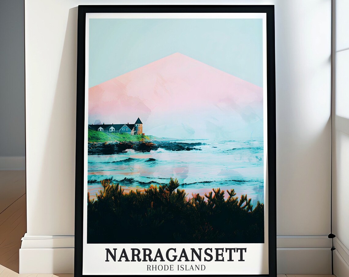 Narragansett Rhode Island Beach Towers Sunset Waves Travel Poster