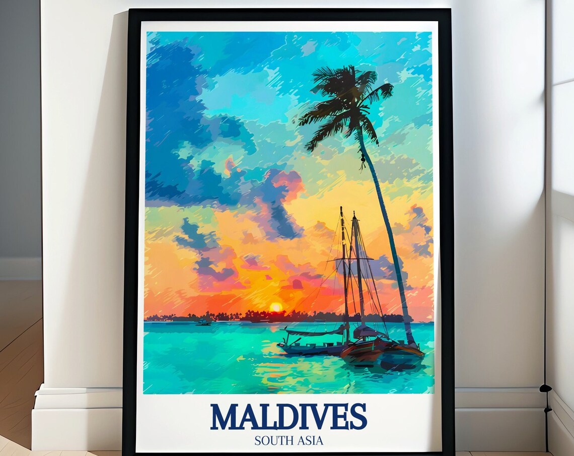Maldives Dhoni Boats Tropical Sunset Palm Lagoon Travel Poster