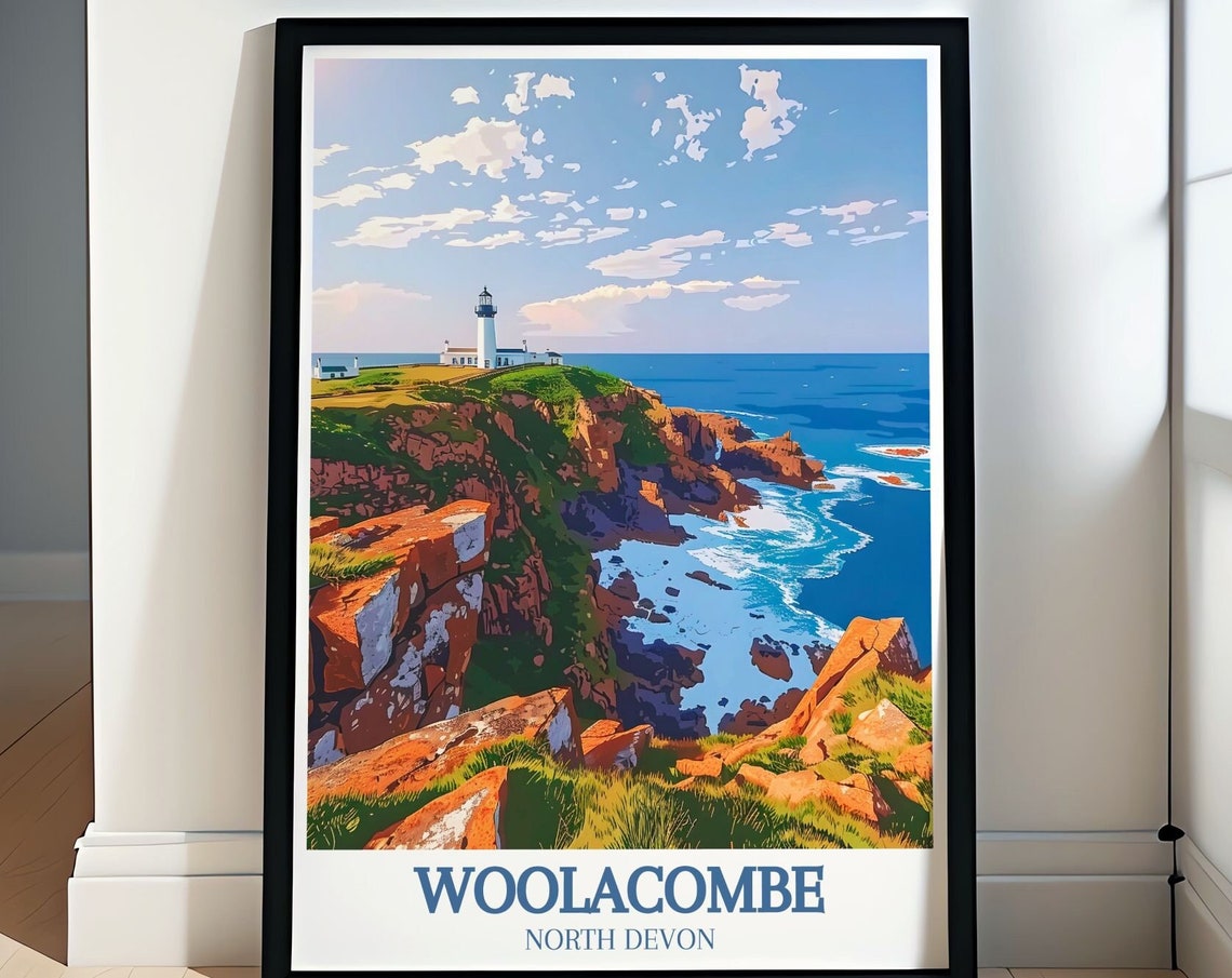 Woolacombe Bull Point Lighthouse Above Dramatic Red Cliffs Poster