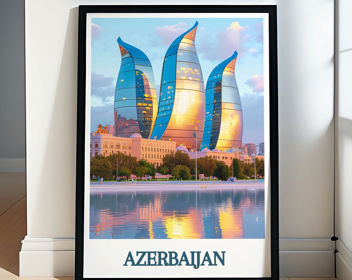 Baku Azerbaijan Flame Towers Sunset Skyline Reflection Poster