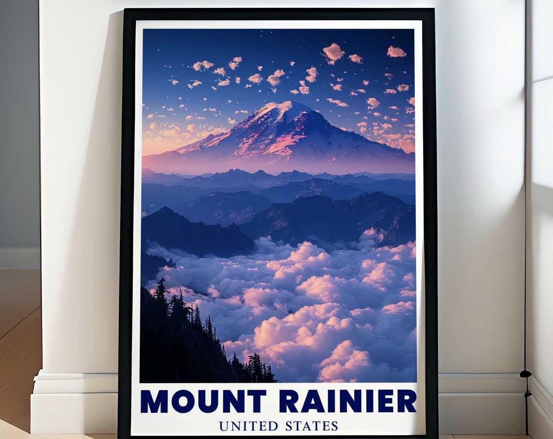 Mount Rainier Twilight Rising Above a Sea of Pink Clouds Poster