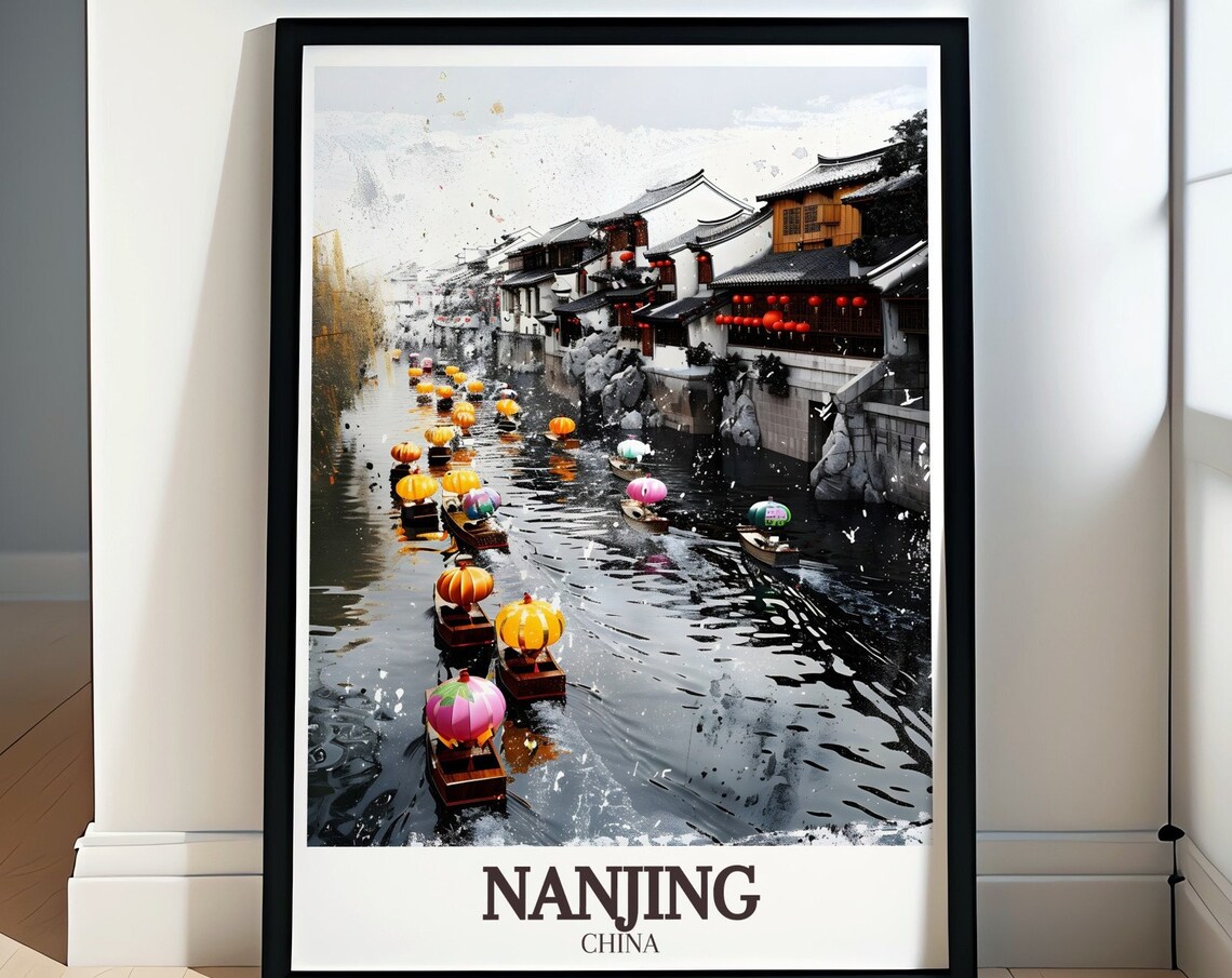 Nanjing China Qinhuai River Parasol Boats Night Scene Art Poster