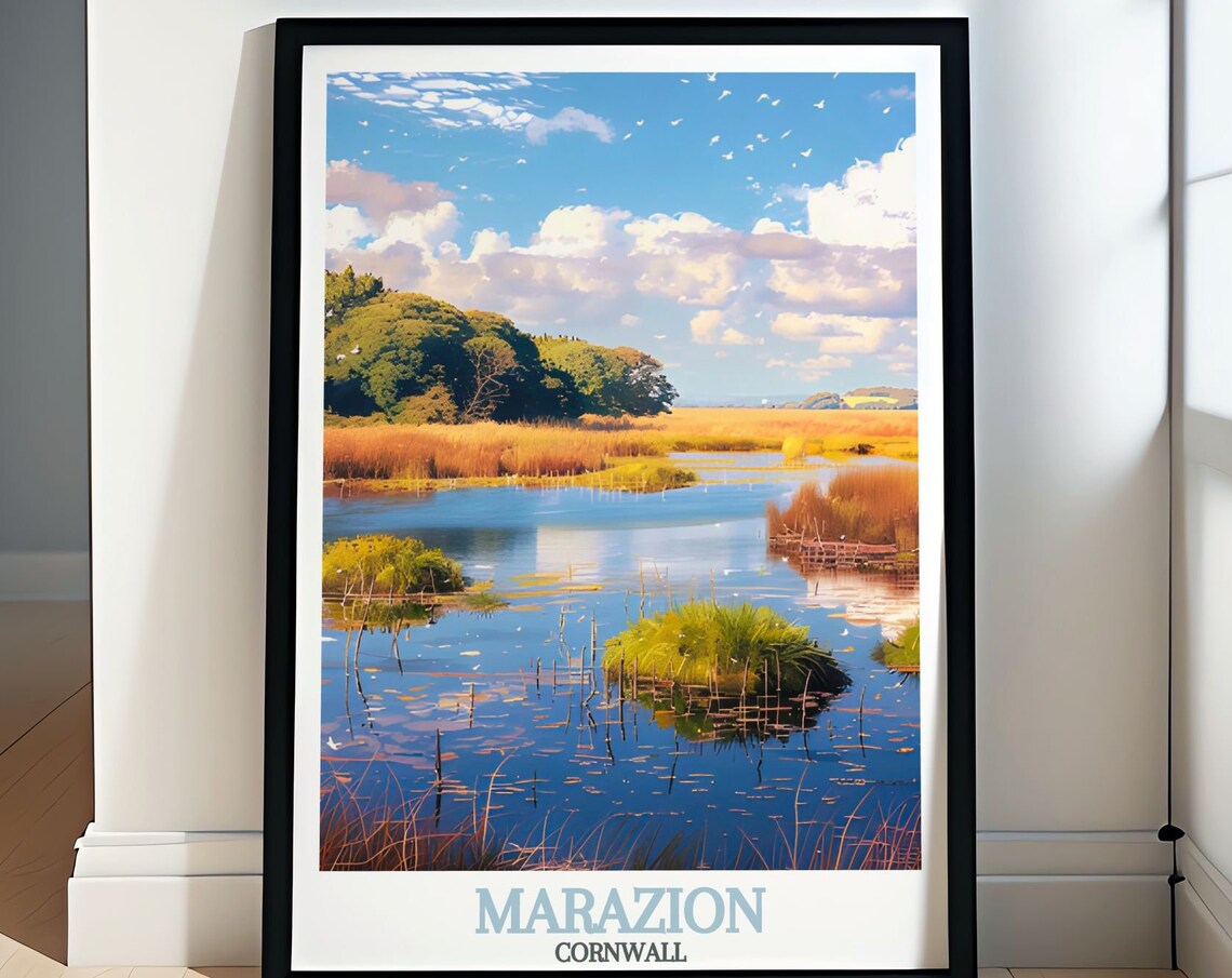 Marazion Cornwall Marsh Wetlands Reflecting Sky Travel Poster