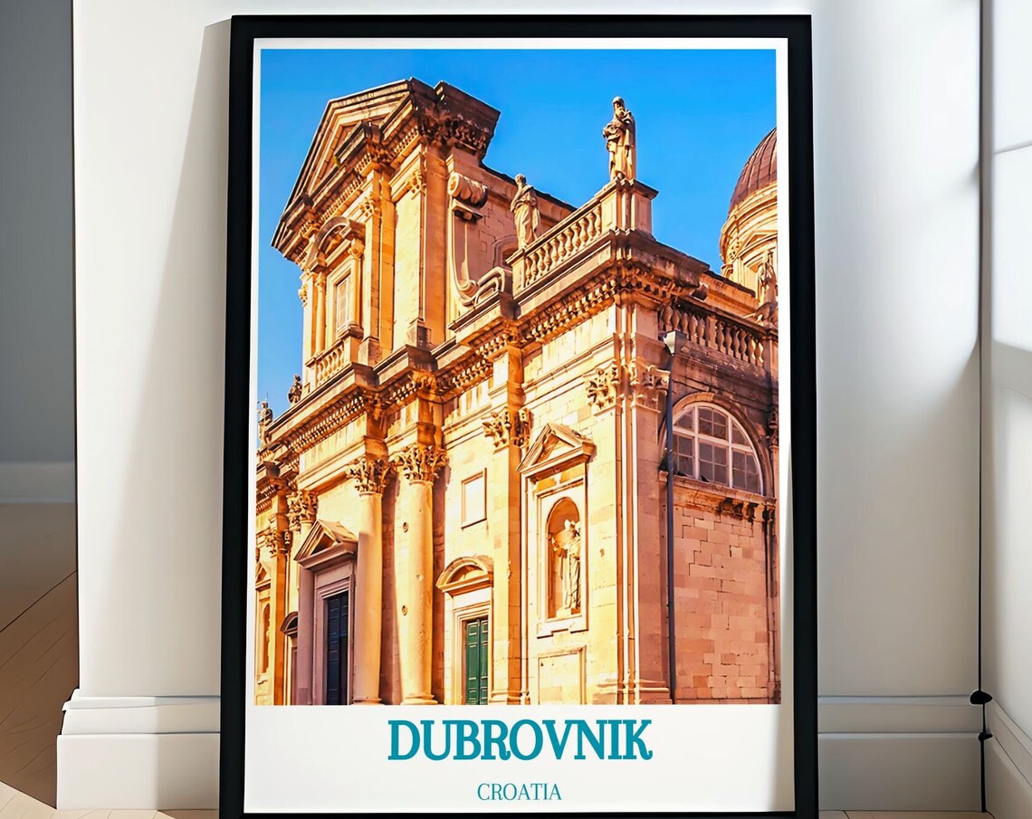 Dubrovnik Croatia Travel Poster Historic Stone Church Facade Detail