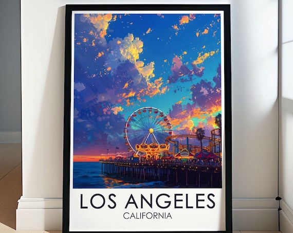 Los Angeles Santa Monica Pier Ferris Wheel Sunset Travel Poster