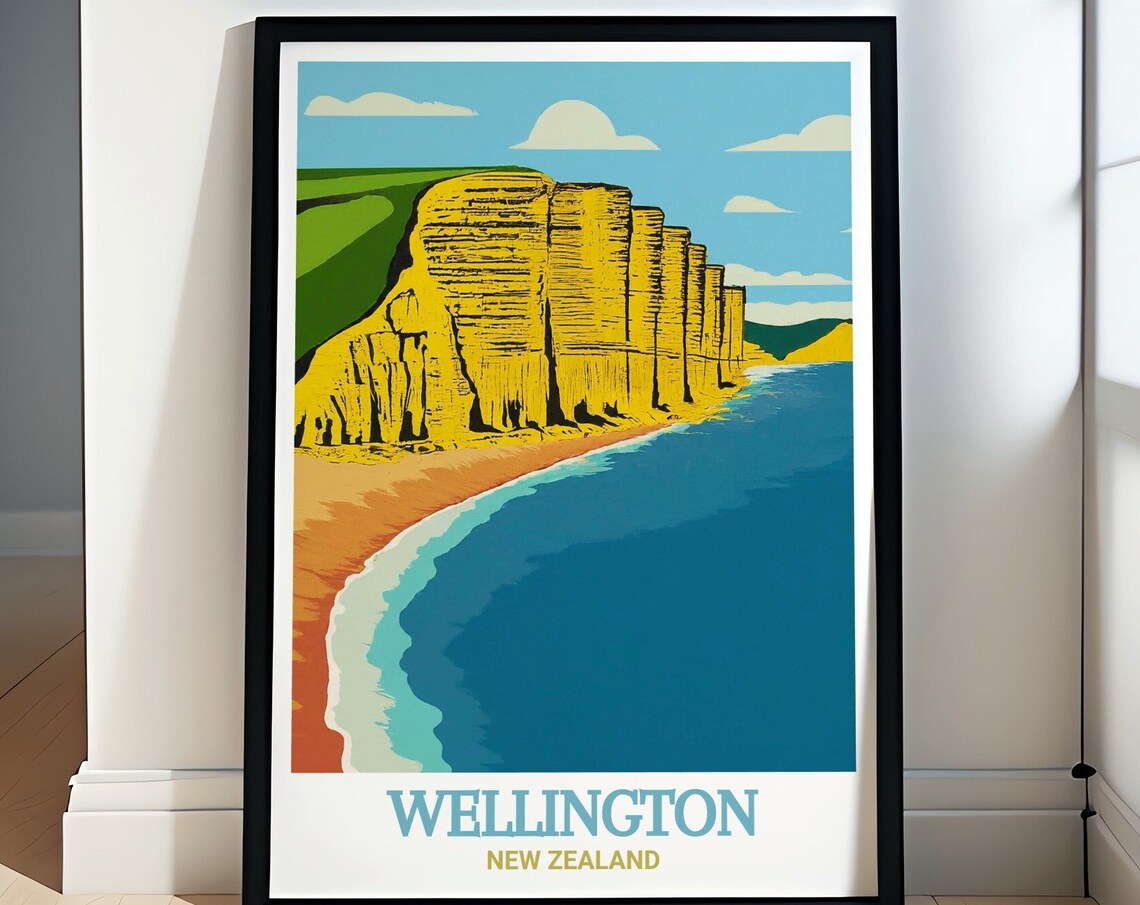Wellington Golden Cliffs Coast New Zealand Vintage Travel Poster