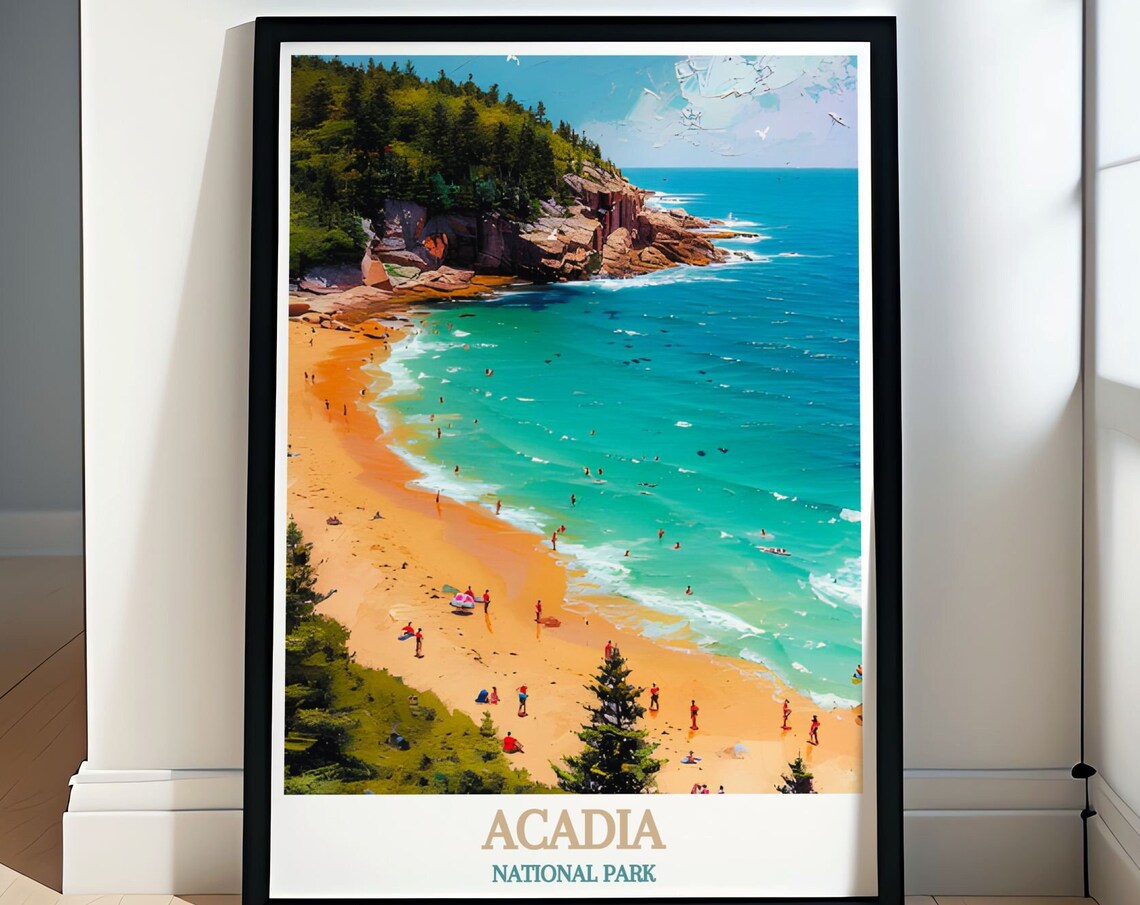 Acadia National Park Sand Beach Poster with Swimmers in Summer