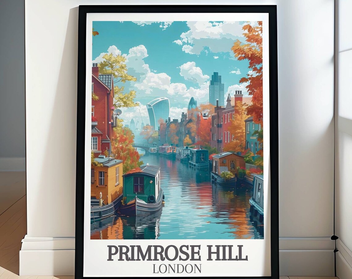 Primrose Hill London Canal Narrowboats And City Skyline Poster