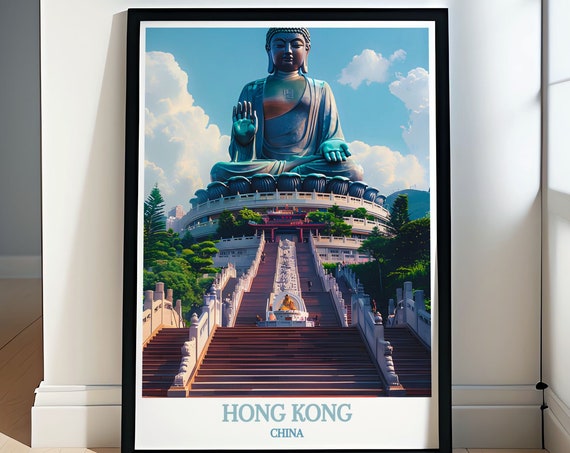 Tian Tan Buddha Hong Kong Travel Poster Hong Kong Tian Tan Buddha Wall Art Large Buddha Statue Hong Kong Print