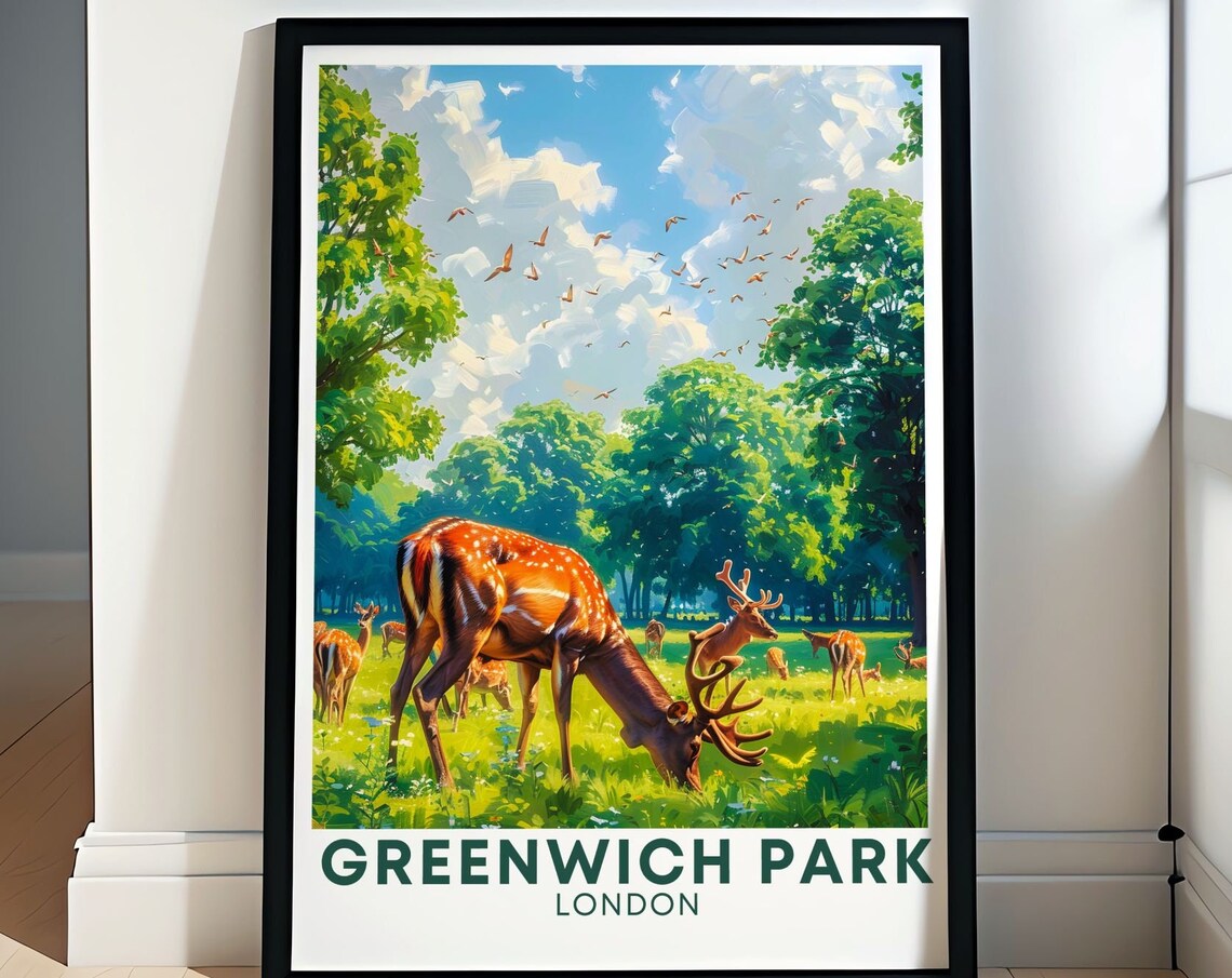 Greenwich Park Deer Herd Grazing Meadow London Travel Poster