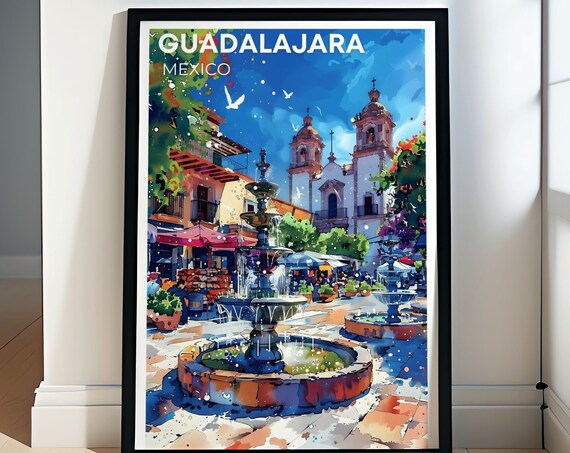 Guadalajara Mexico Plaza Fountain Watercolor Colonial Poster