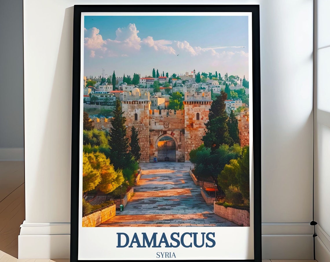 Damascus Syria Historic Stone Gate Poster with Cypress Trees