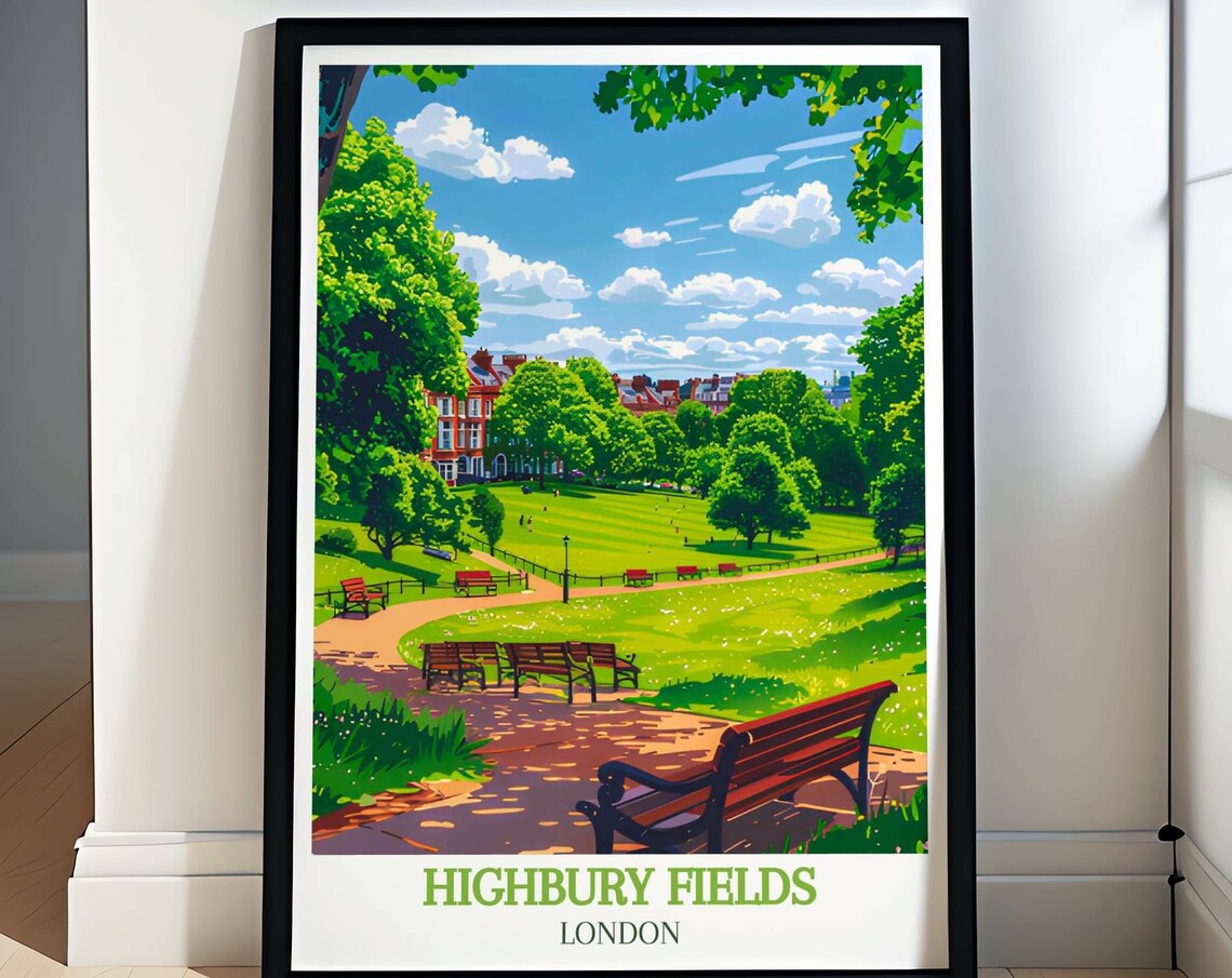 Highbury Fields London Summer Park Lawns and Benches Scene Poster