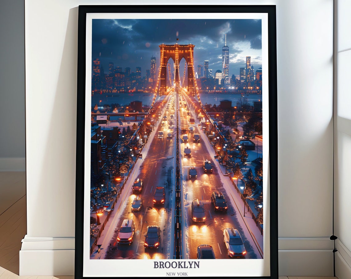 Brooklyn Bridge Night Lights With Manhattan Skyline Traffic Poster