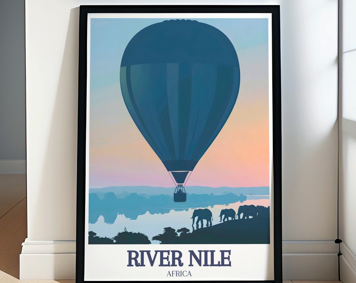 River Nile Africa Hot Air Balloon Elephants Sunset Travel Poster