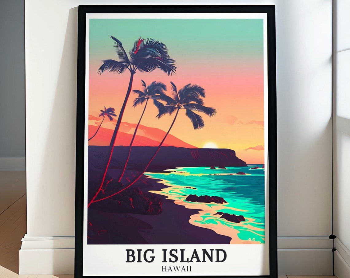 Hawaii Big Island Turquoise Palm Beach Sunset Coast Travel Poster