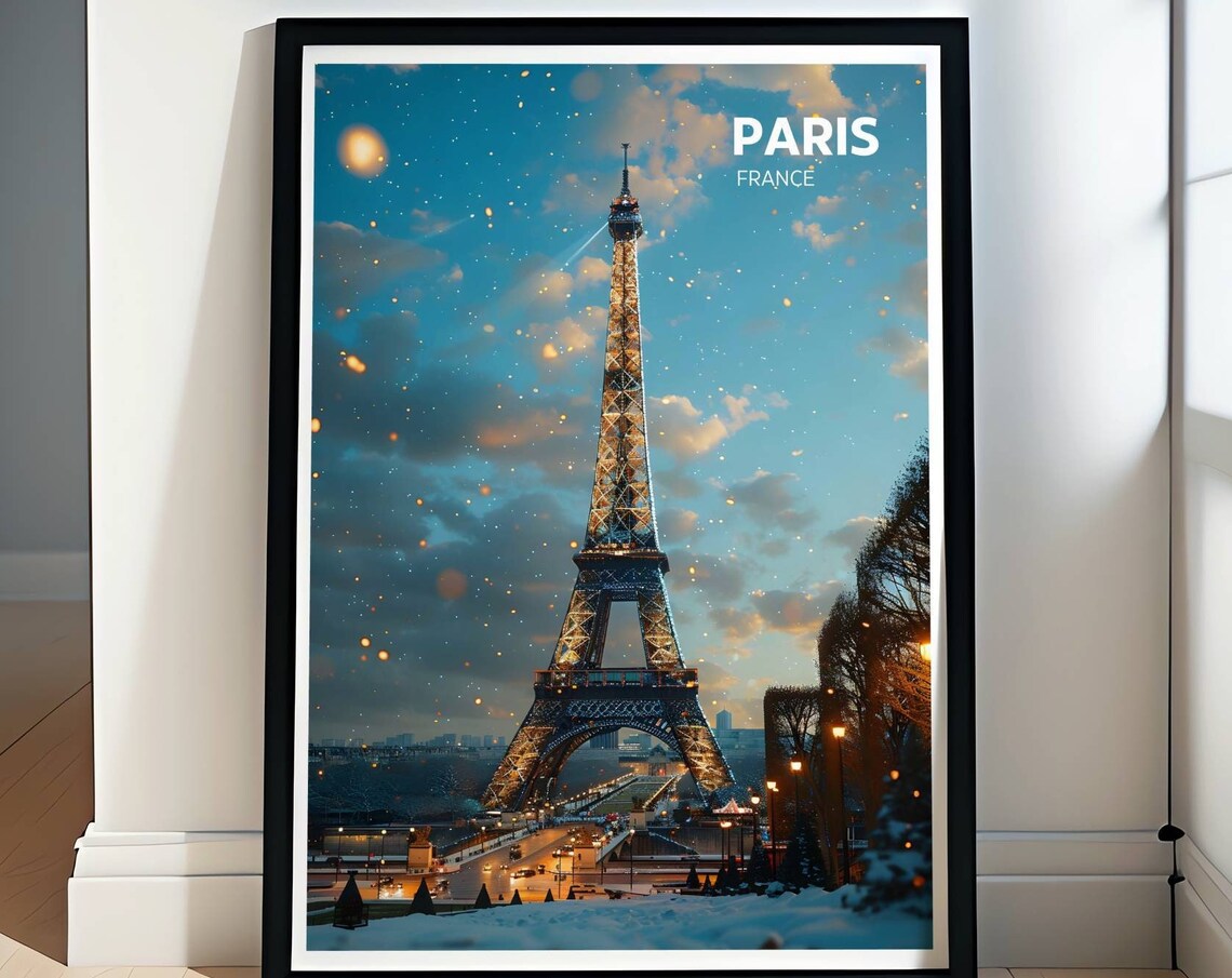 Paris France Eiffel Tower Above a Snowy Dusk City Scene Poster