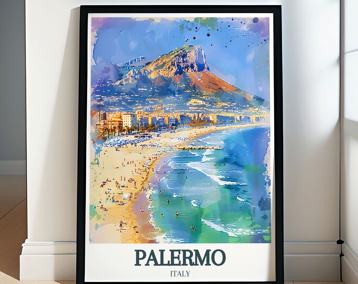 Palermo Mondello Beach With Mount Pellegrino Sicily Travel Poster