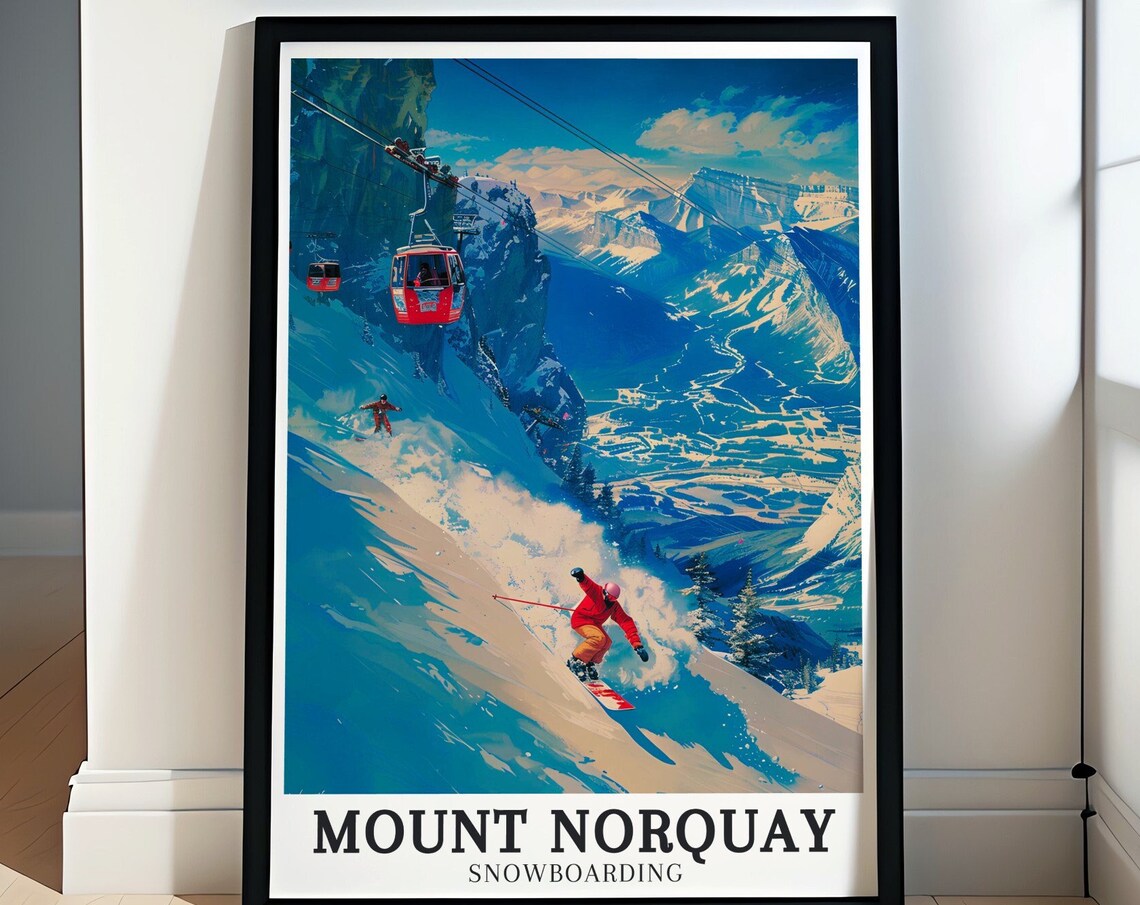 Mount Norquay Gondola Skiers Banff Snowboarding Travel Poster