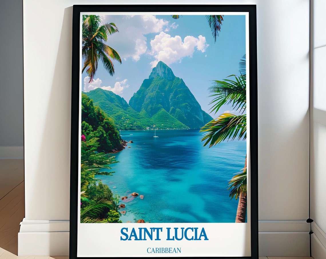 Saint Lucia Pitons Twin Peaks Over Turquoise Bay Palm View Poster