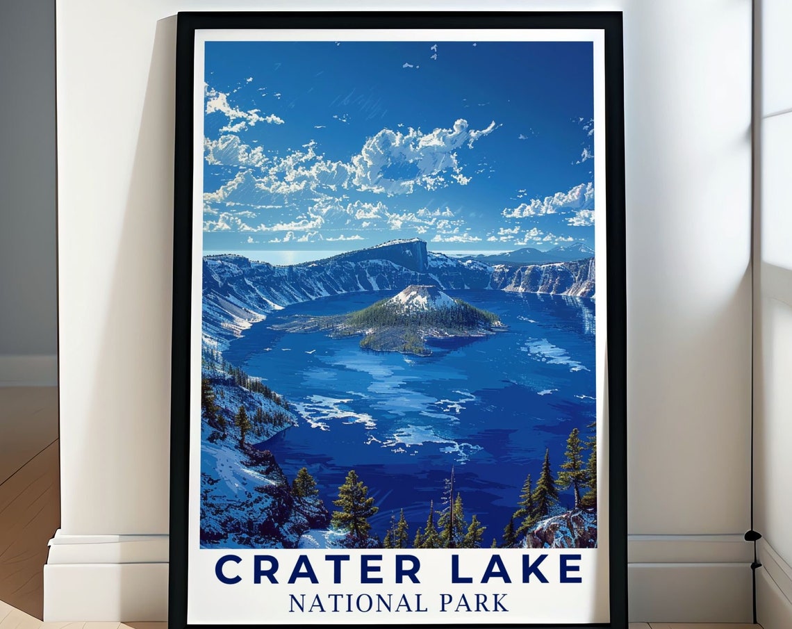 Crater Lake Travel Poster Crater Lake Artwork National Park Decor Crater Lake Poster Crater Lake National Park Art