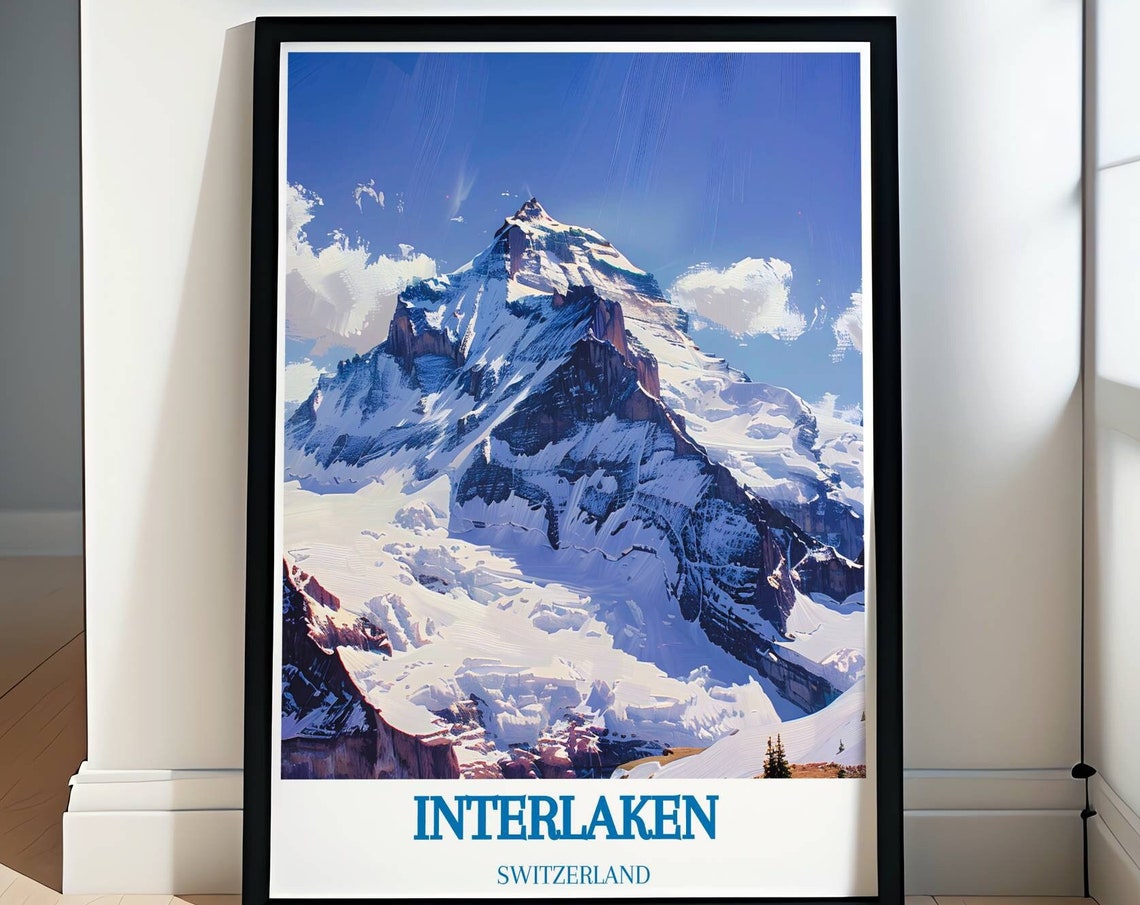 Interlaken Switzerland Snowcapped Alpine Peak Blue Sky Travel Poster