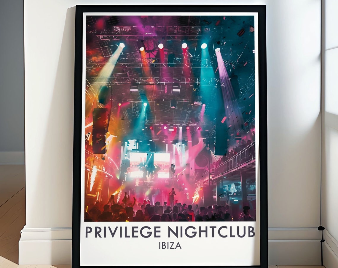 Privilege Nightclub Ibiza Stage Lights and Crowd Scene Poster