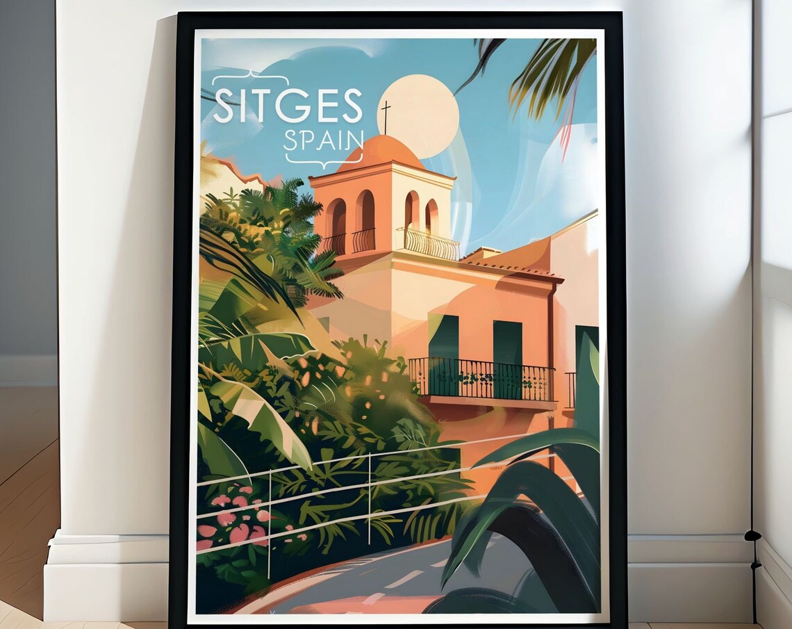 Sitges Spain Church of Sant Bartomeu Palm Fronds Retro Travel Poster