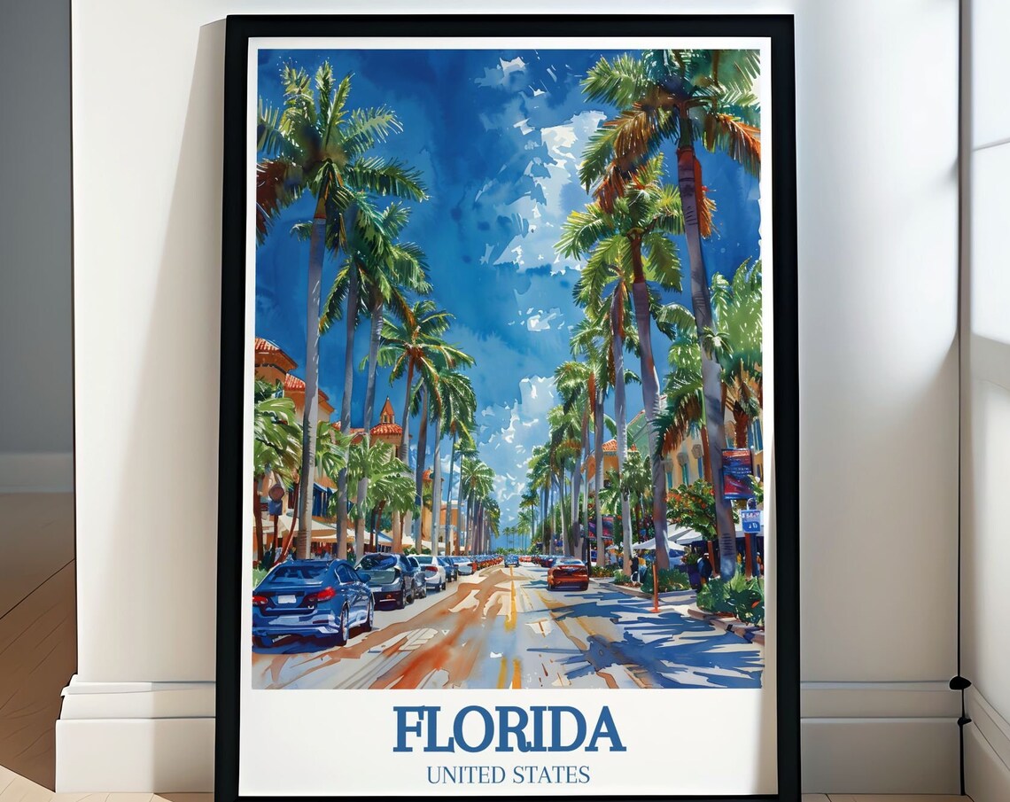 Florida Palm Lined City Street Watercolor Sunshine Travel Poster