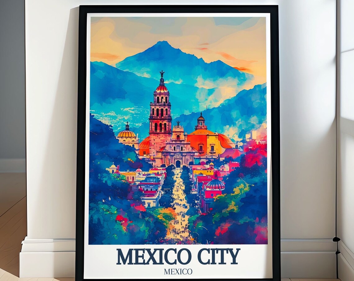 Mexico City Cathedral Sunset Watercolor Evening Travel Poster