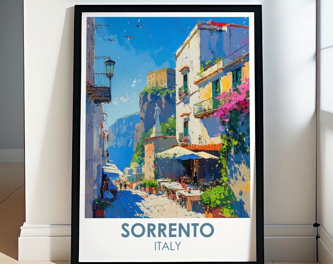 Sorrento Italy Old Town Street With Statue Scene Travel Poster