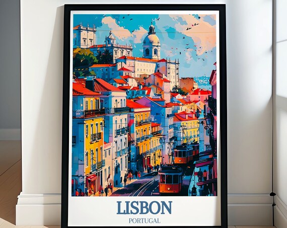 Lisbon Portugal Historic Yellow Tram Street Colorful Travel Poster