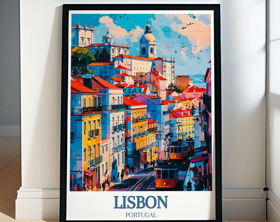 Lisbon Travel Poster Chiado District And Santa Justa Lift Lisbon Wall Art Travel Art Of Lisbons Chiado District Santa Justa Lift