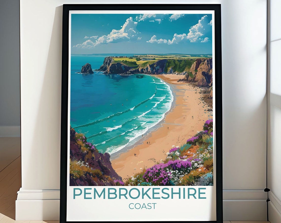 Pembrokeshire Coast Wales Sandy Beach Cliffs Retro Travel Poster