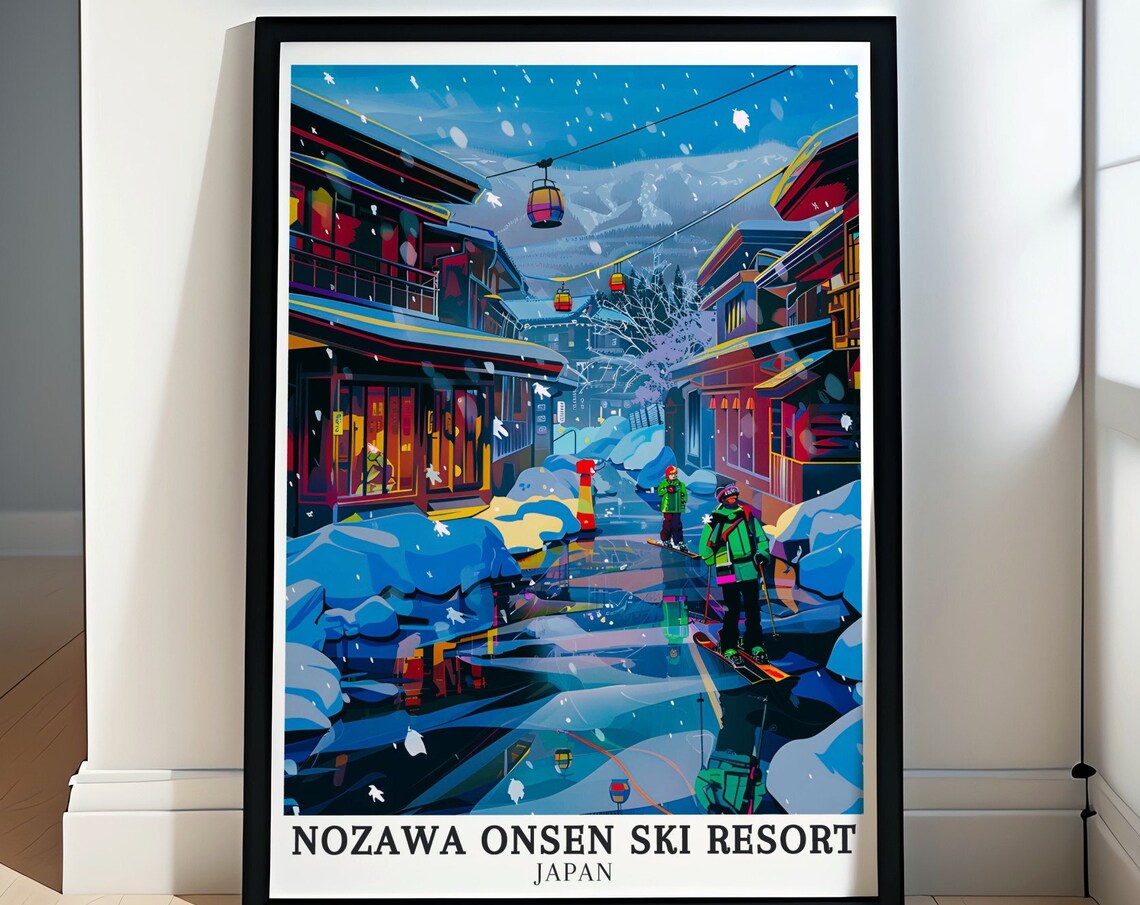 Nozawa Onsen Snowy Ryokan Street Night Ski Resort Japan Travel Poster