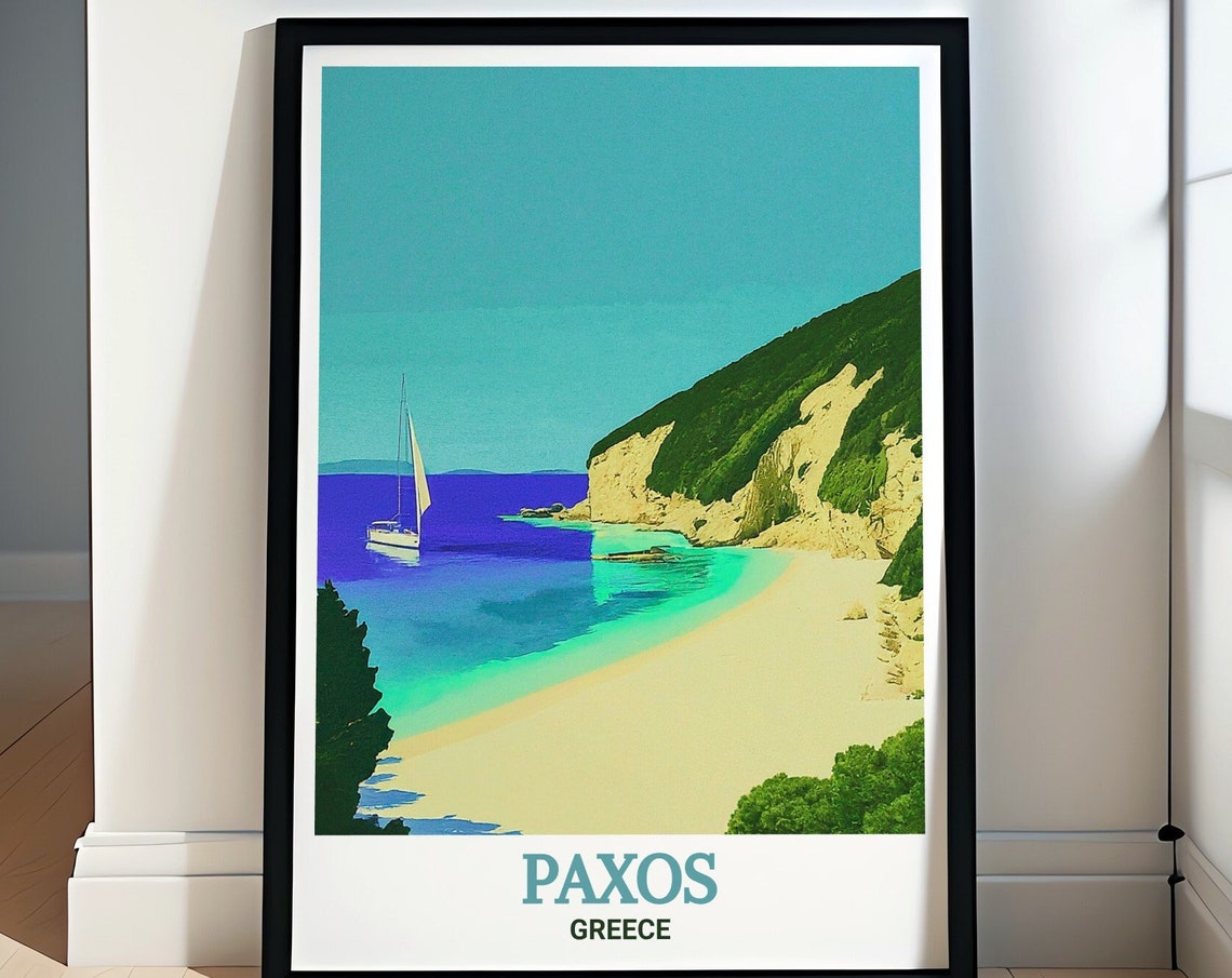 Paxos Greece Erimitis Beach Sailboat White Cliffs Turquoise Poster