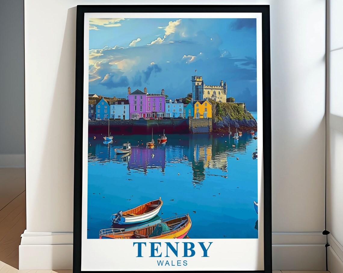 Tenby Wales Harbor Pastel Houses Castle and Boats Travel Poster