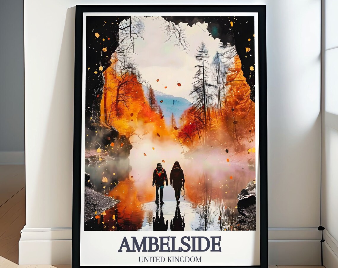 Ambleside Rydal Cave Waterfall Walkers In Autumn Mist Poster