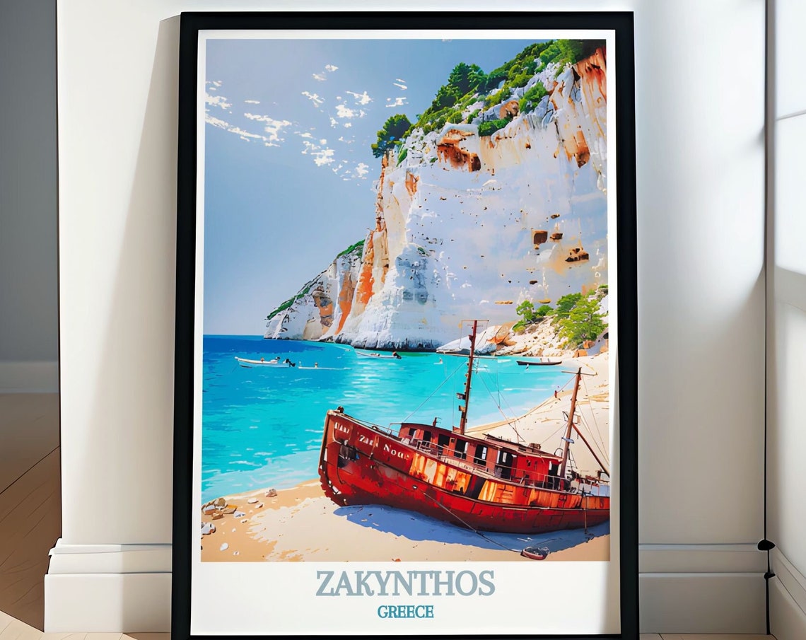 Zakynthos Navagio Beach Shipwreck White Cliffs Travel Poster